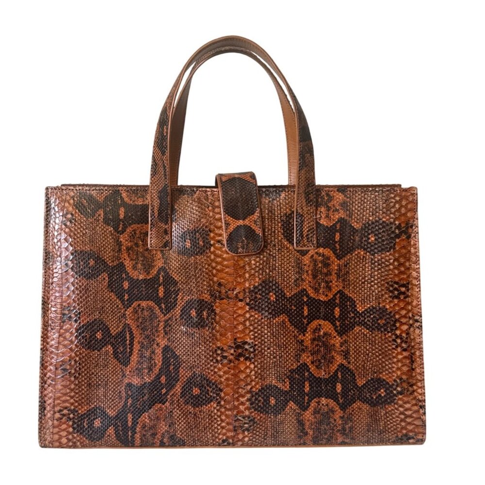 Snake  Leather Handbag With Double‎ Handles & Snap Closure